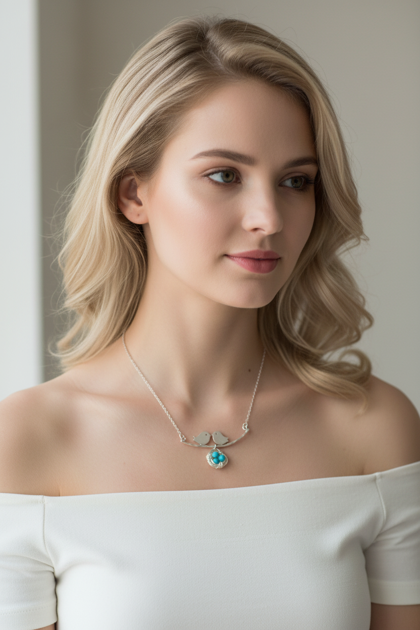 Young European woman wearing silver love birds necklace with turquoise nest pendant, collarbone close-up lifestyle shot