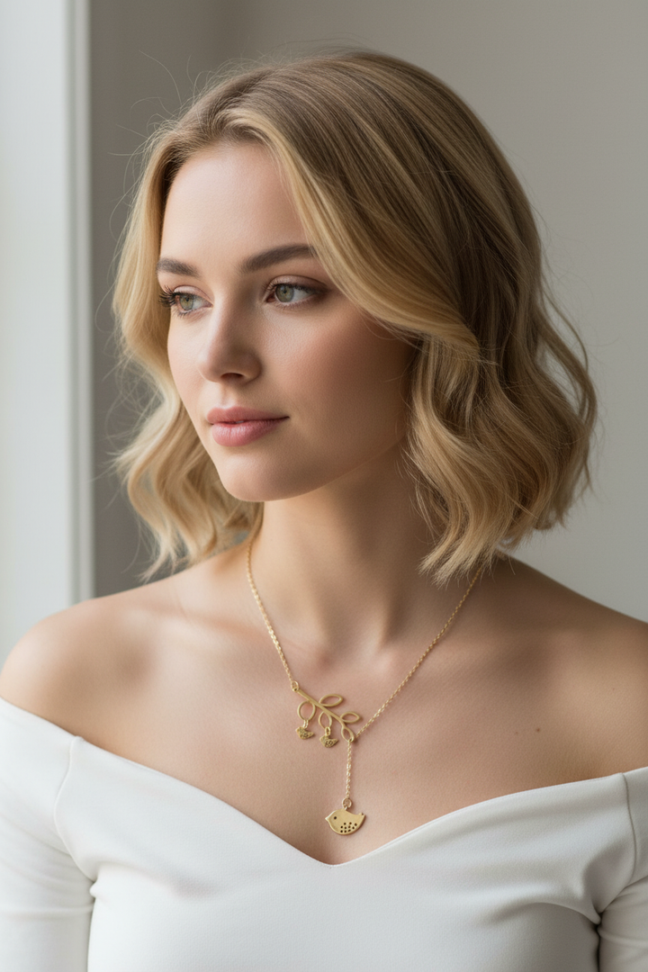 Young European woman wearing gold birds on branch lariat necklace, collarbone close-up lifestyle shot