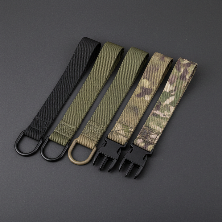 Tactical MOLLE D-ring quick release strap 4 color variants on dark background