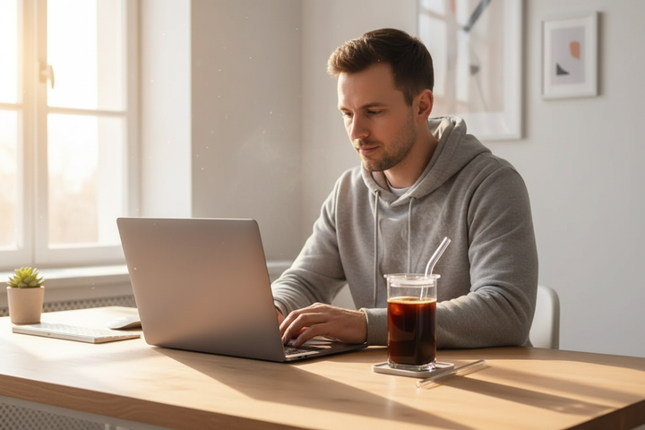 Young man working at home office desk with Cube Coffee Mug filled with hot black coffee — square transparent glass minimalist cup