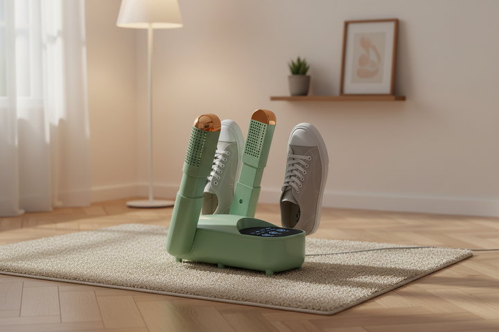 Green shoe dryer with shoes drying overnight - Scandinavian bedroom scene