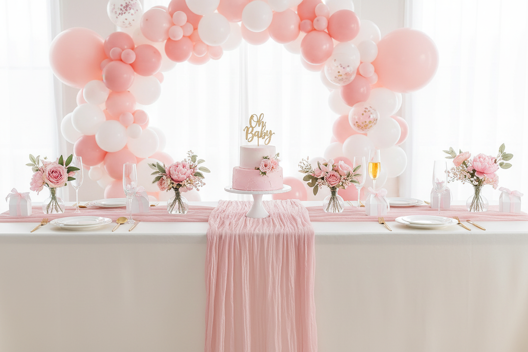 Baby shower party table with dusty pink cheesecloth table runner — pink balloon arch, floral arrangements and pastel decor