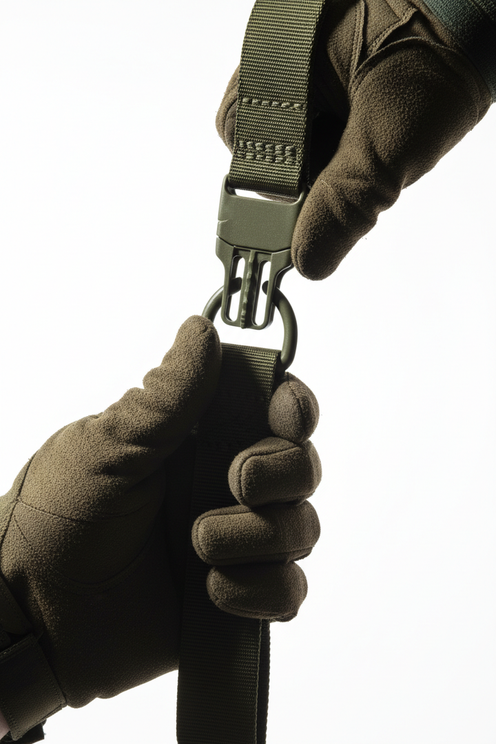 Hand demonstrating quick release mechanism on army green MOLLE strap