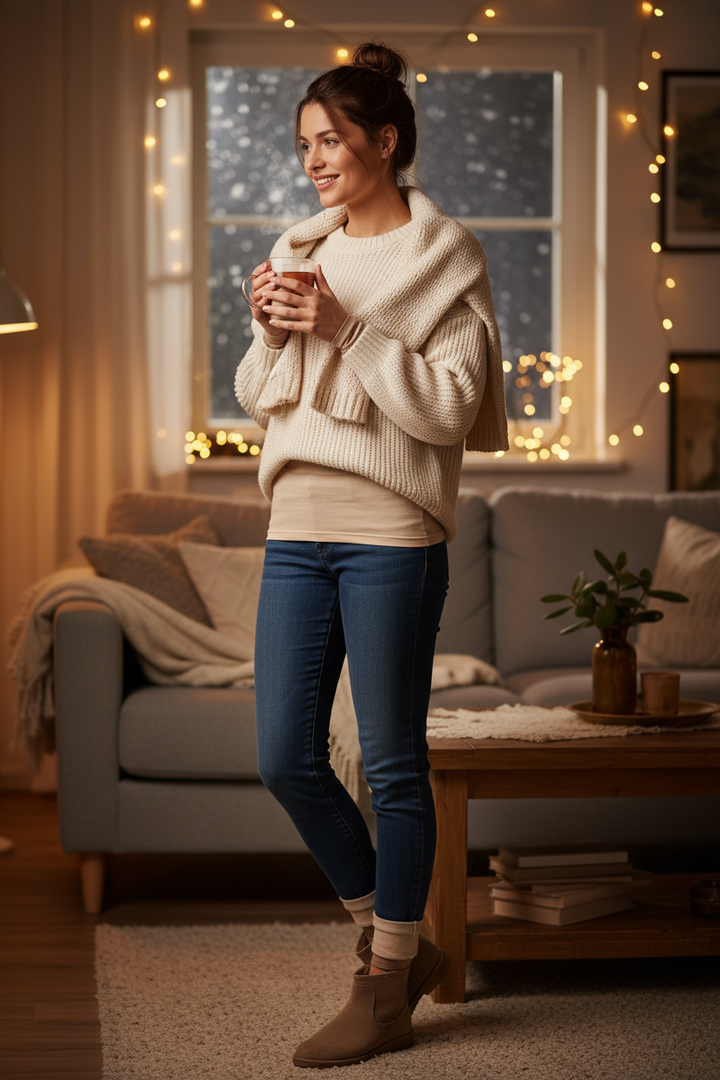 Woman wearing ultra-thin thermal base layer under winter outfit - lifestyle photography