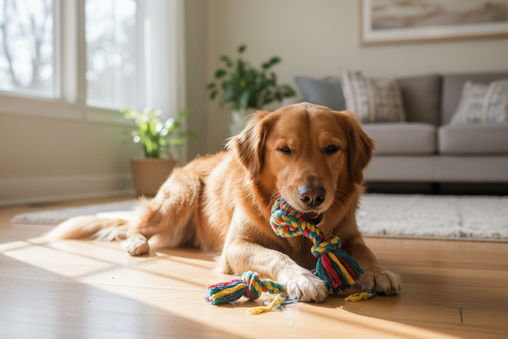 Medium dog chewing cotton rope knot toy on wood floor - lifestyle indoor