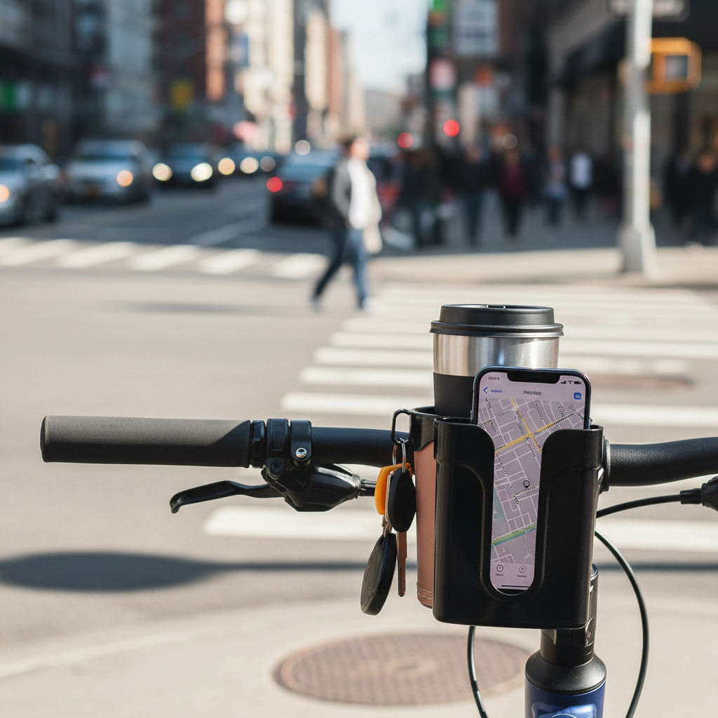 commuter-bike-accessories - morning urban commute coffee tumbler and phone