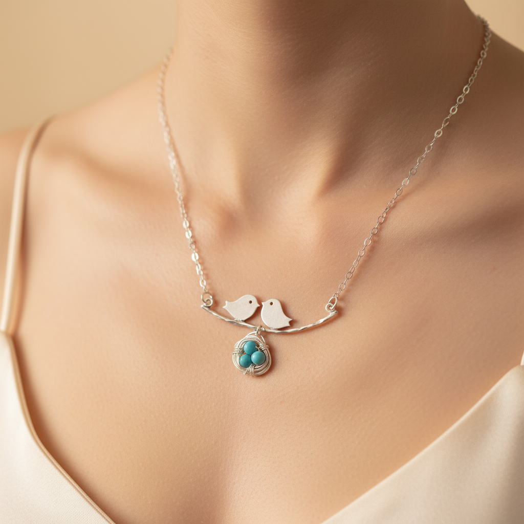 Extreme close-up of silver love birds necklace with wire-wrapped turquoise nest pendant on collarbone, macro detail