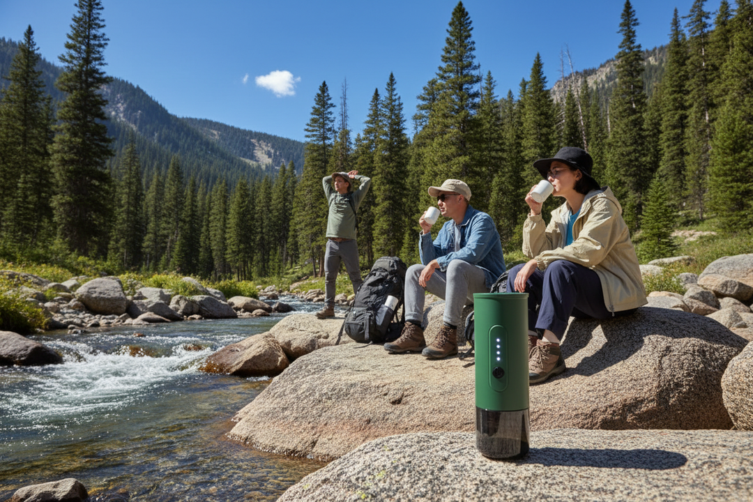 Three hikers resting by a mountain stream drinking coffee with Jungle Green portable coffee maker on rock