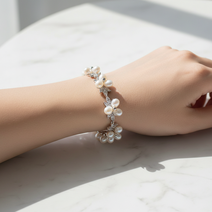 Freshwater pearl bracelet with zircon wrist close-up natural light