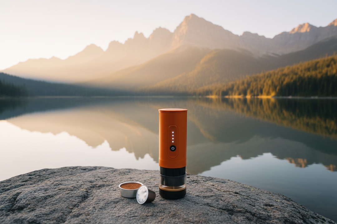 Vibrant Orange portable electric coffee maker on mountain lake rock at sunrise