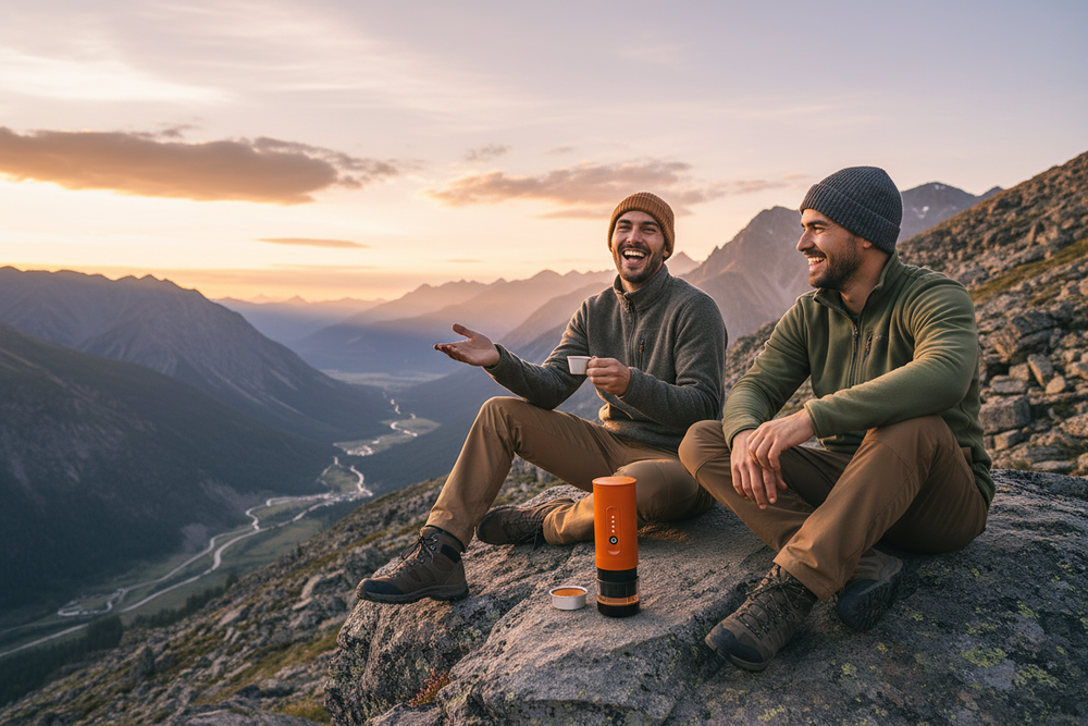 Two friends drinking coffee on rocky hillside at golden hour, vibrant orange portable electric coffee maker beside them