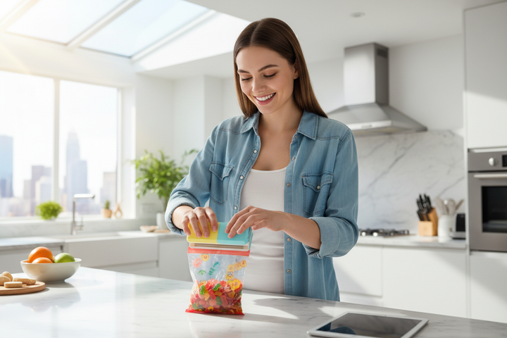 Mini portable heat sealer for food bags - young woman using in kitchen scene