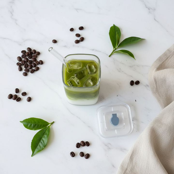 Flat lay of Cube Coffee Mug with iced matcha latte and glass straw — square transparent glass cup on white marble with coffee beans