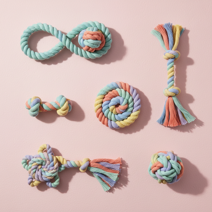 8 cotton rope knot dog toy styles flat lay on pastel pink surface overhead view