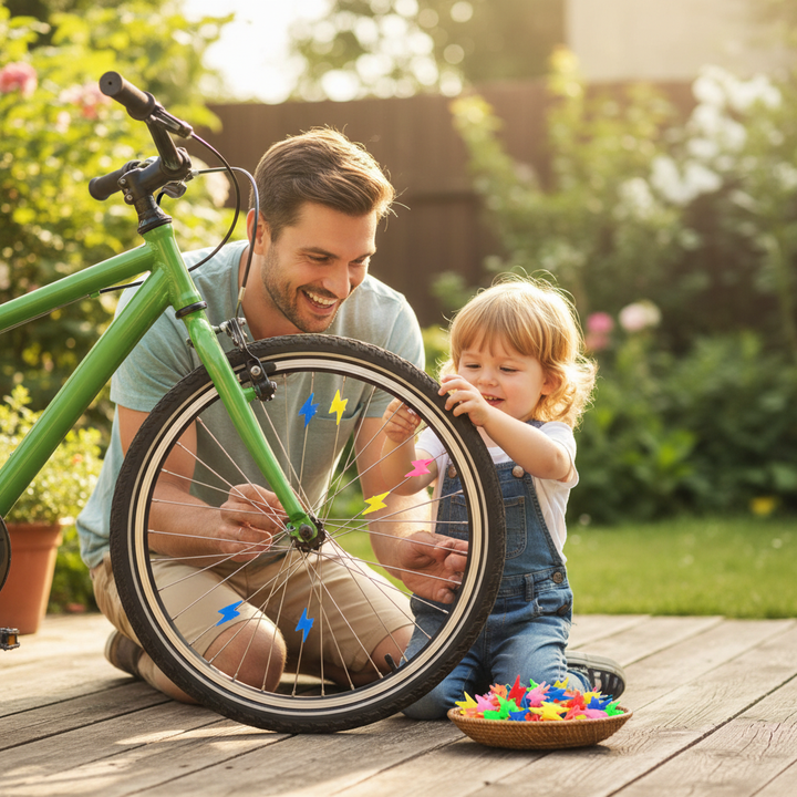 bicycle-decorations - parent and child decorating bike spokes together