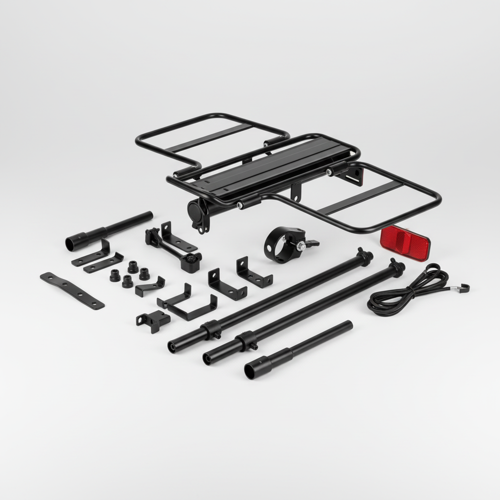 bike-cargo-rack - full aluminum rear carrier flat lay with accessories