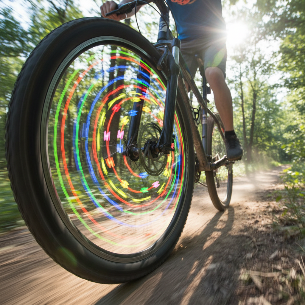 wheel-spoke-beads - dynamic rainbow motion blur on spinning bicycle wheel