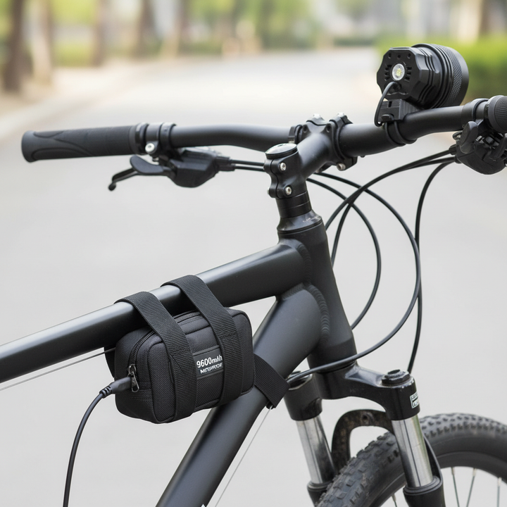 7-led-bike-light - 9600mah battery pack strapped on bicycle frame