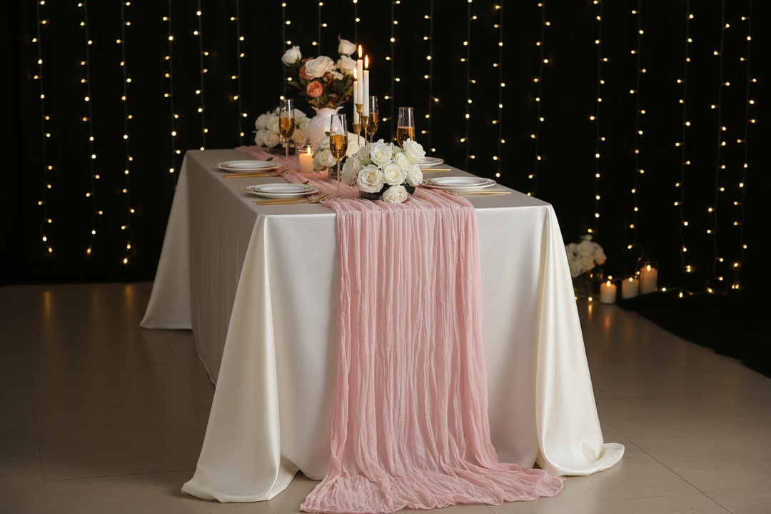 Romantic indoor wedding night table with dusty pink gauze table runner — candlelight, gold plates, crystal glasses and fairy lights