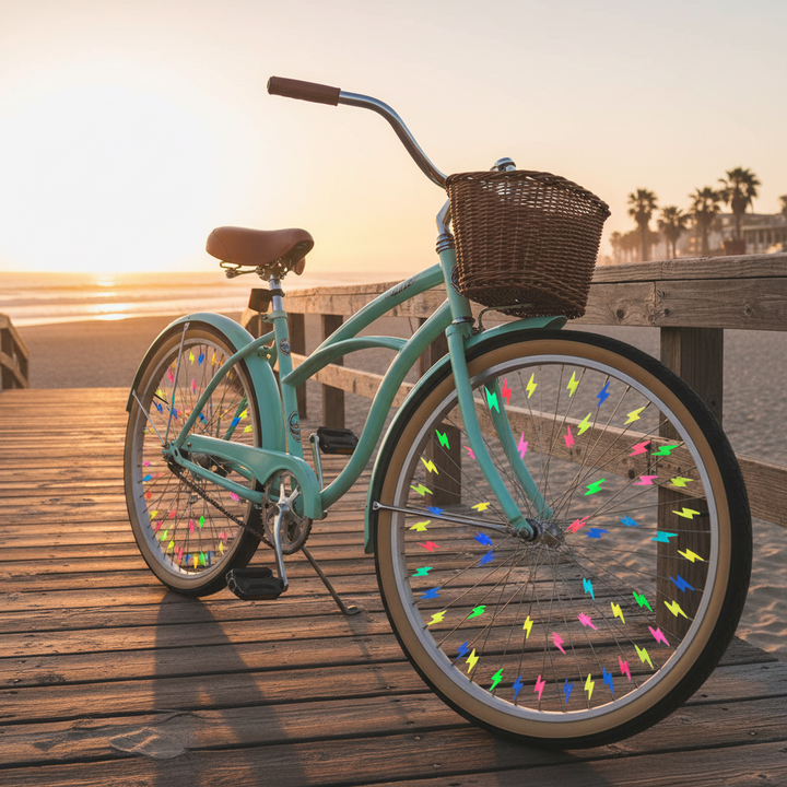 cycling-gifts - beach cruiser bicycle spokes decorated with lightning clips
