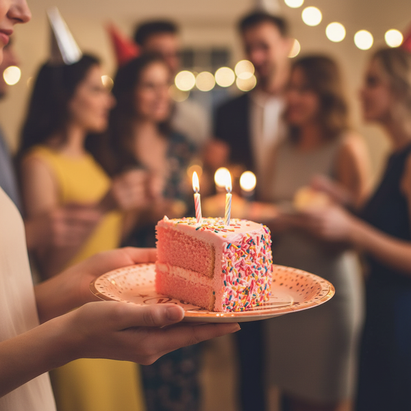 Close-up of hands holding rose gold Happy Birthday paper plate showing copper cursive lettering, swooping underline, stars and polka dot rim with birthday cake slice