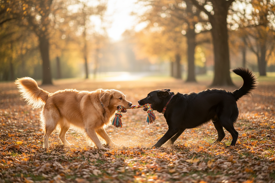 Two dogs playing tug-of-war with colorful cotton rope toy in autumn park