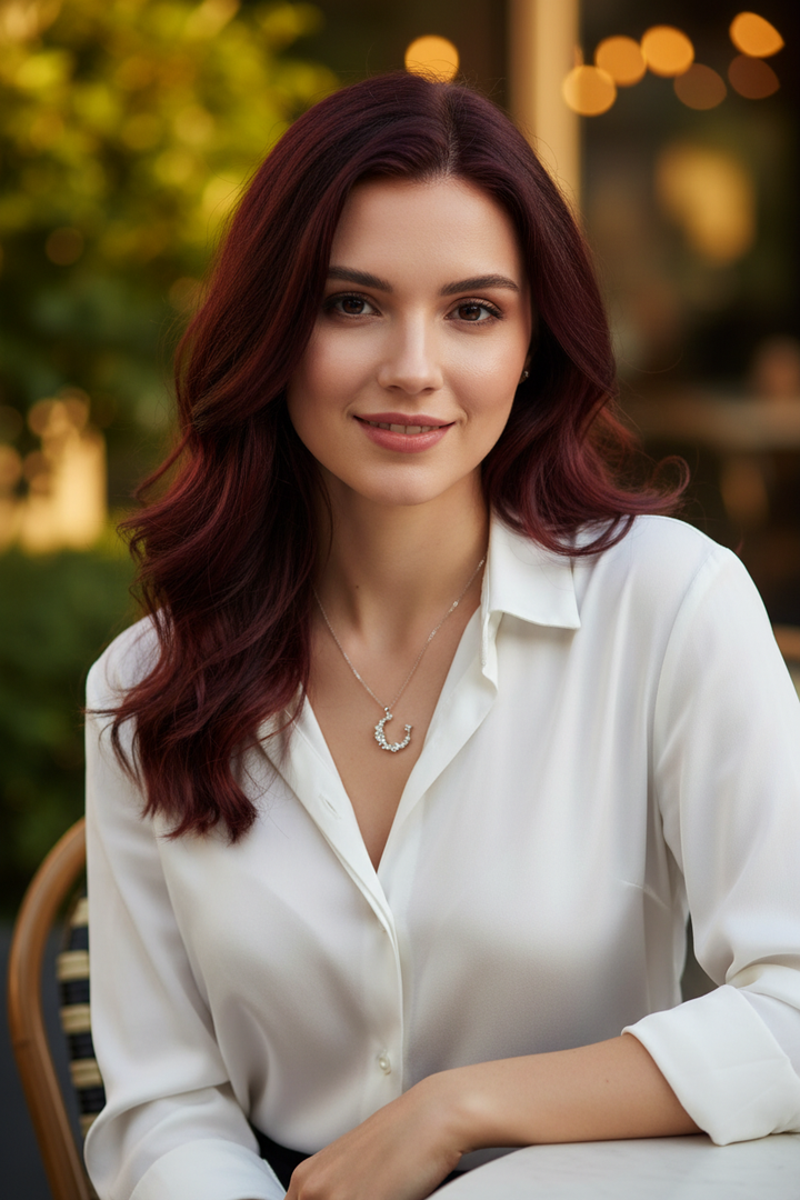 European woman in white shirt wearing S925 silver crescent moon necklace, outdoor golden hour