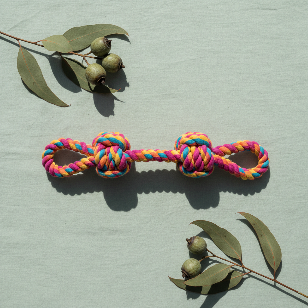 Colorful cotton rope dog toy flat lay on sage green background with eucalyptus leaves