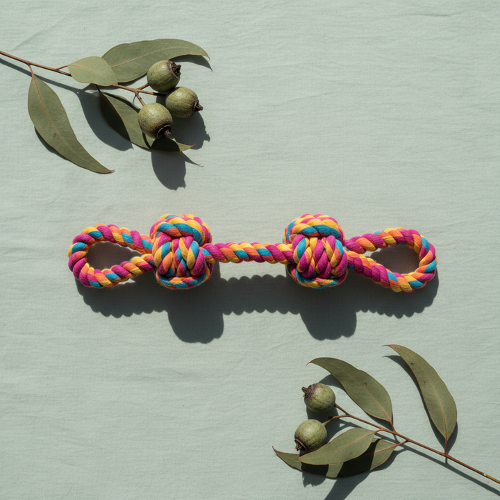 Colorful cotton rope dog toy flat lay on sage green background with eucalyptus leaves