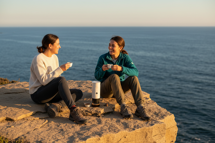 Two women sitting on coastal cliff with espresso cups, moonlight white portable electric coffee maker beside them