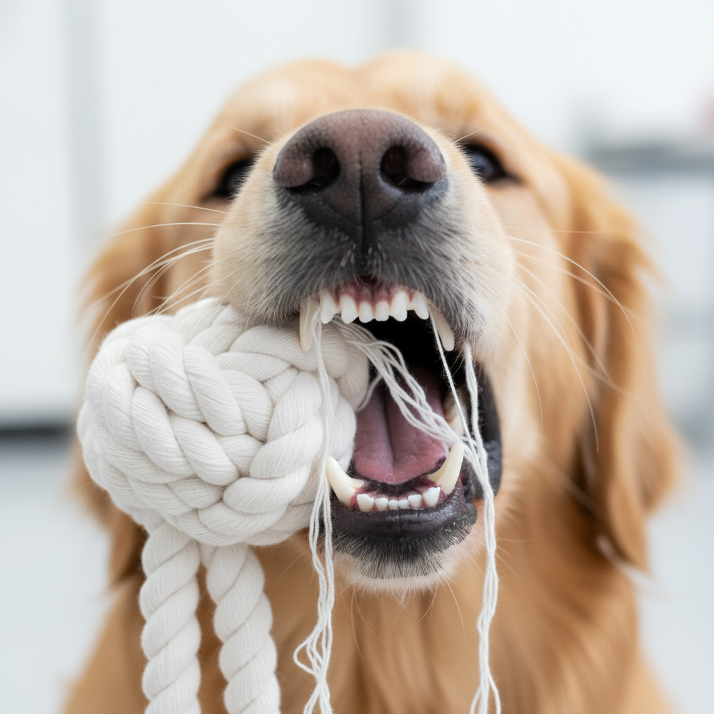 Dog healthy teeth biting cotton rope knot toy - dental care close-up