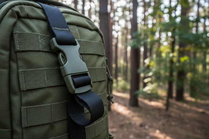 MOLLE D-ring strap attached to tactical backpack in forest camping setting