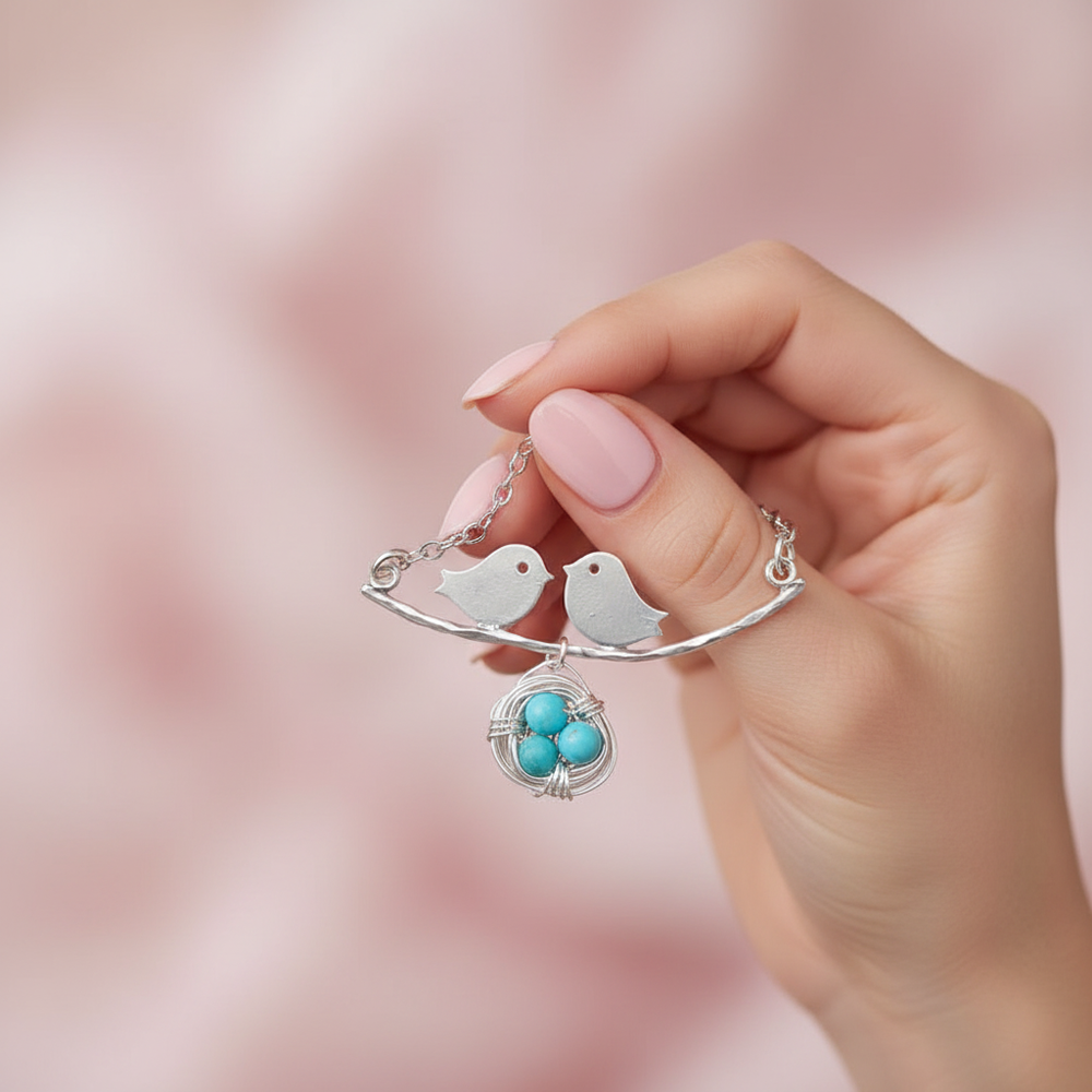 Hand holding silver love birds necklace with turquoise nest pendant close-up, manicured nails detail shot