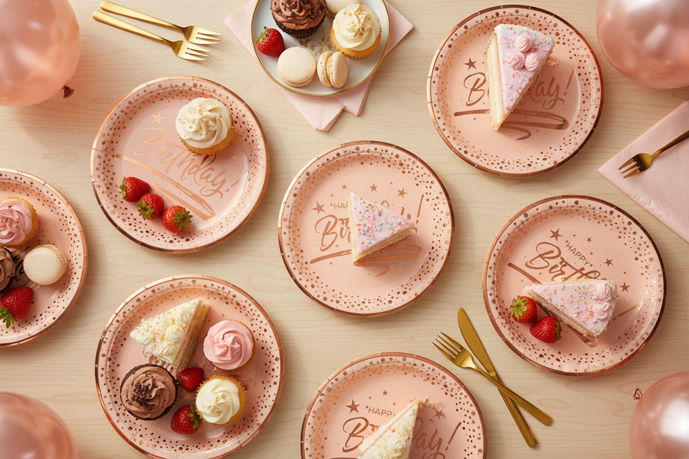 Overhead flat lay of birthday dessert table with multiple rose gold Happy Birthday paper plates showing copper cursive lettering, stars and polka dot border, filled with cake macarons and cupcakes