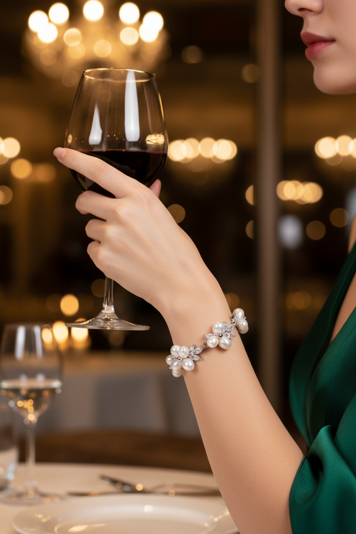 Freshwater pearl bracelet worn at candlelit dinner evening