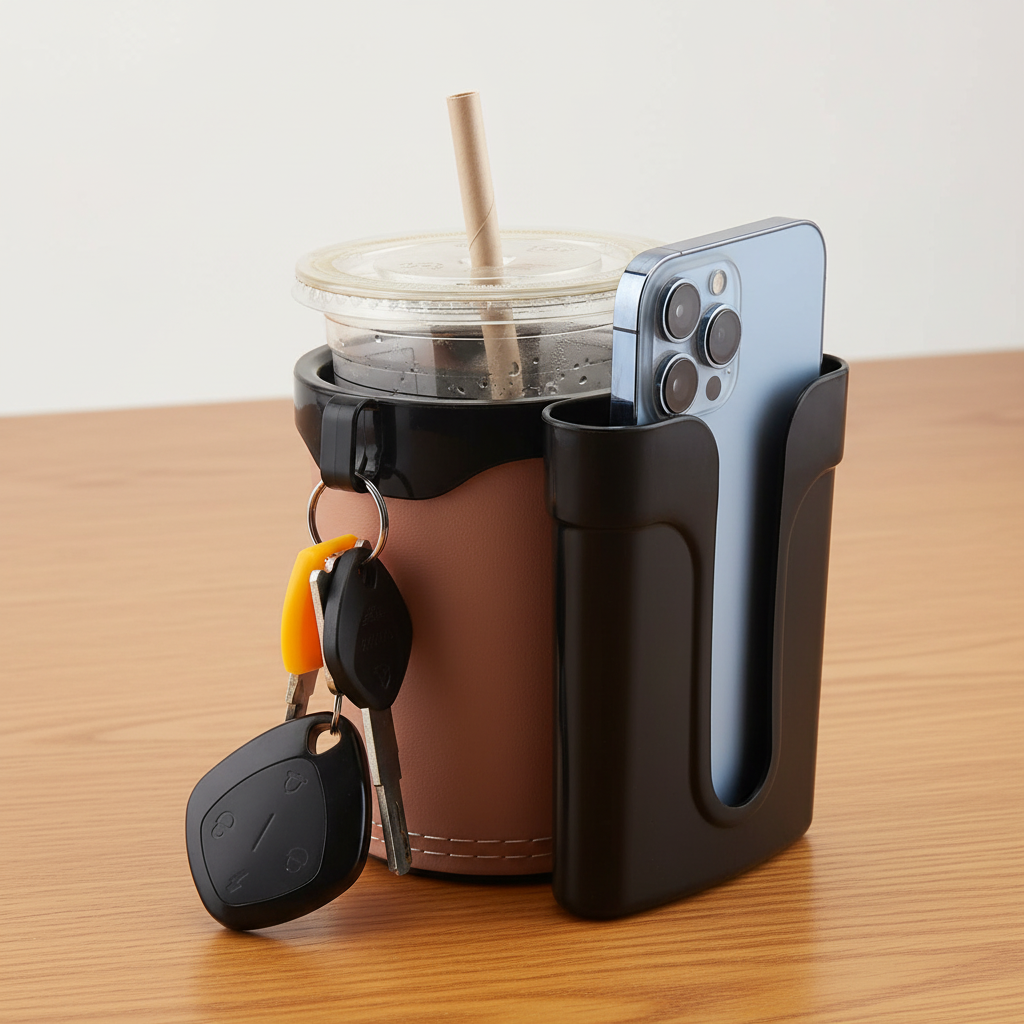 bike-cup-holder - 3-in-1 beige leather drink phone and key carrier
