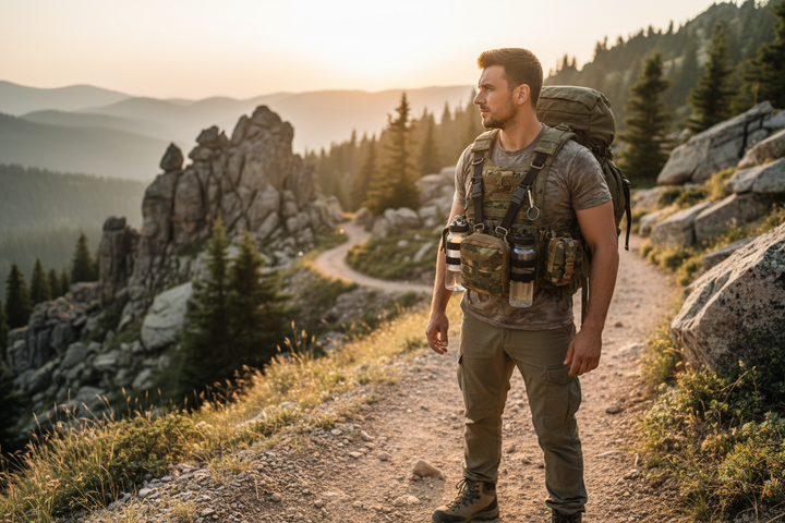 Hiker wearing tactical vest with MOLLE D-ring straps on mountain trail