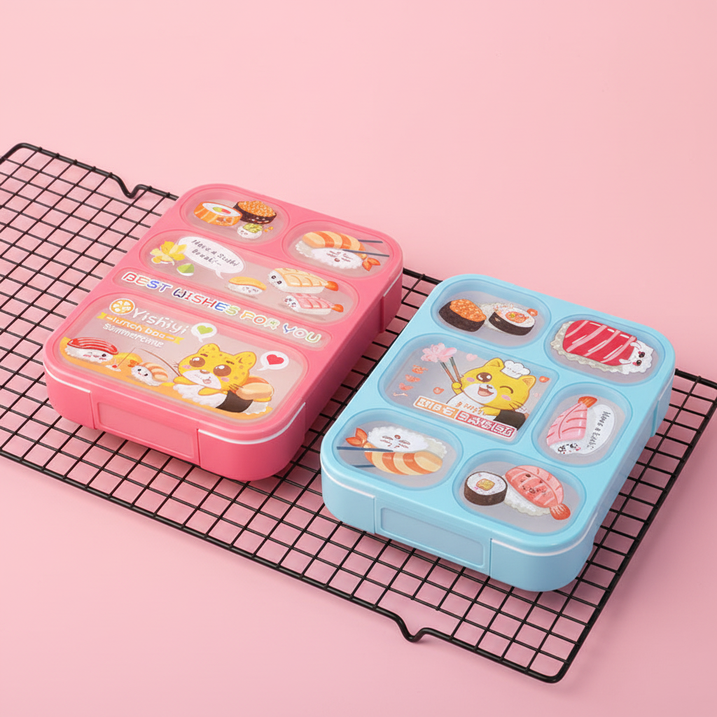 Kids bento lunch box pink and blue cartoon design