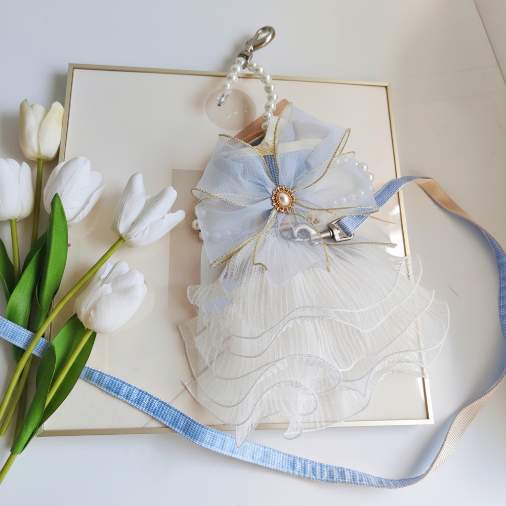 Lace flower pet harness flat lay with tulips