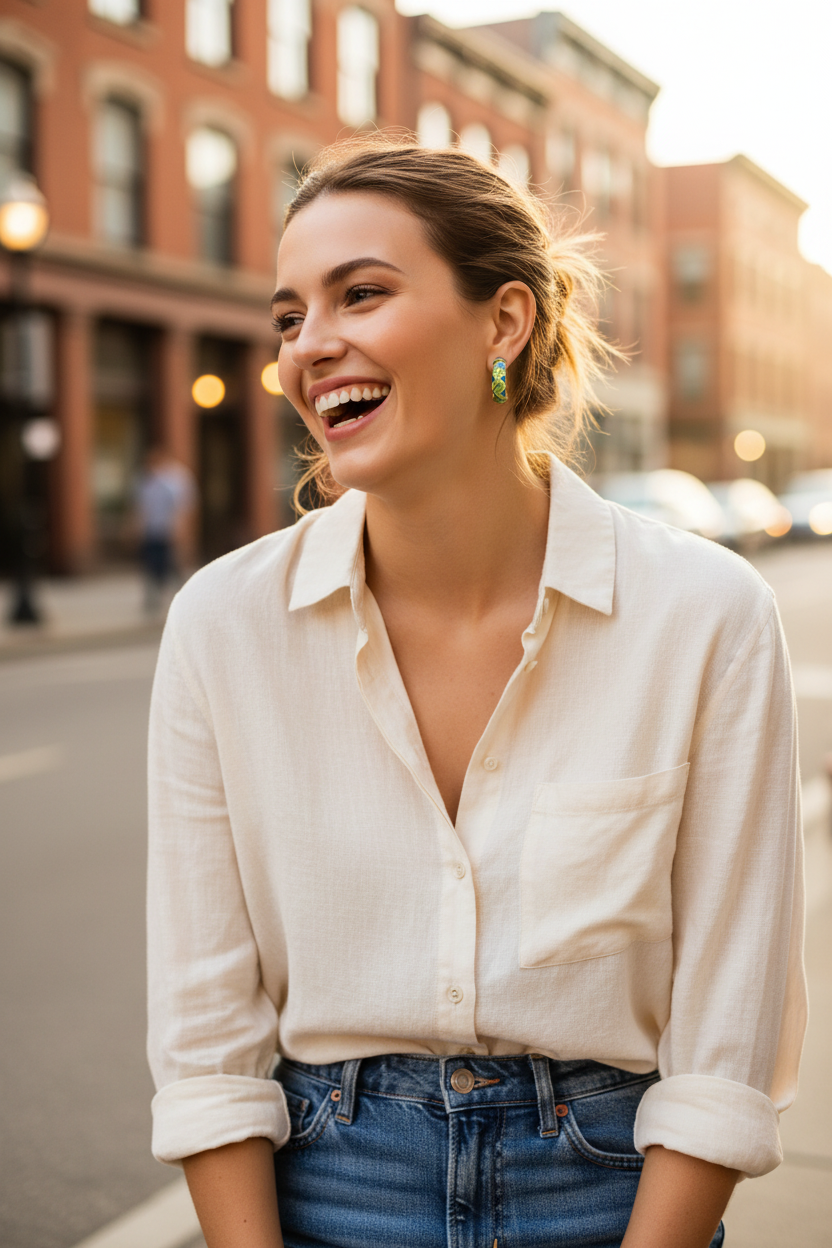 Timmy oil drip huggie earrings - Green Blue enamel geometric hoops lifestyle outdoor wear