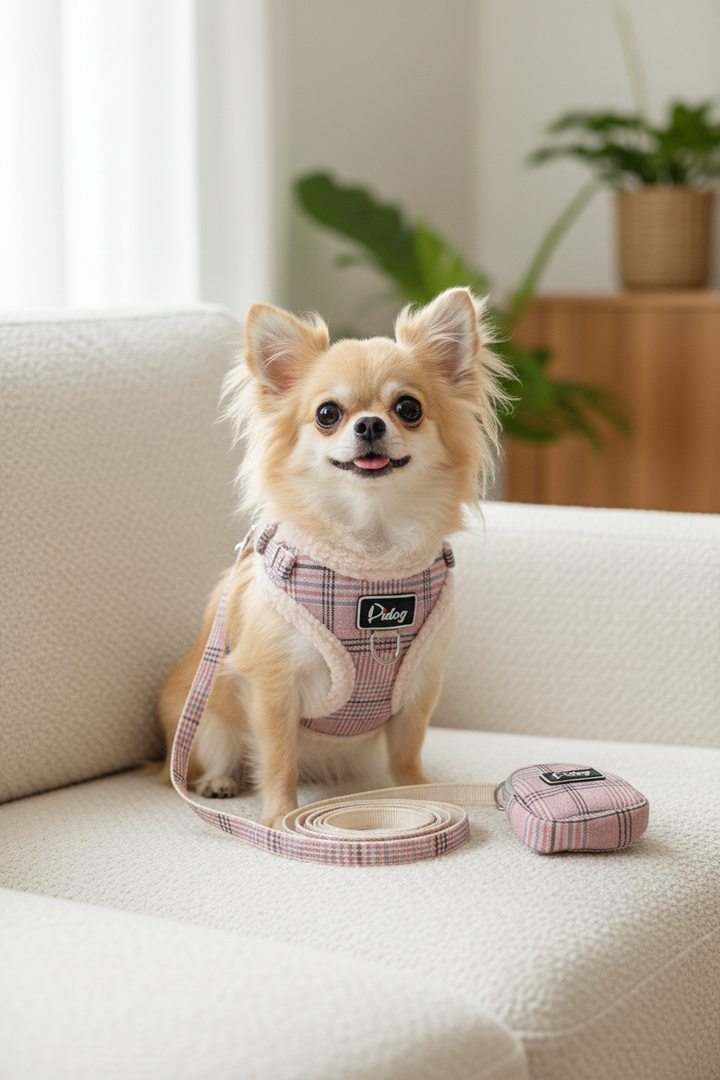 Maltese dog on sofa with pink Pidog harness close-up