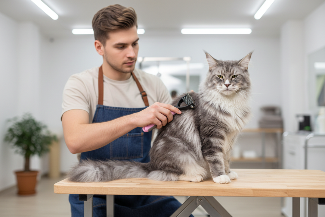 Man grooming Maine Coon cat grooming salon