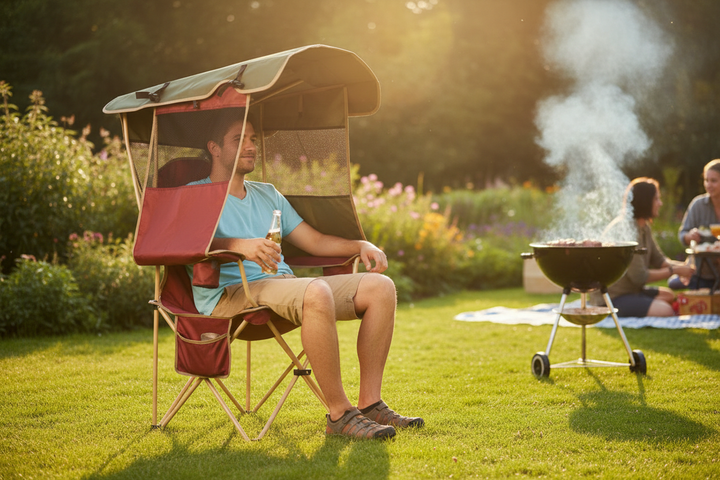 Man solo BBQ relaxing red chair