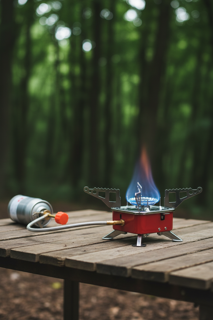 Mini folding gas camping stove burning with blue flame - flexible hose connected to silver gas canister, forest background