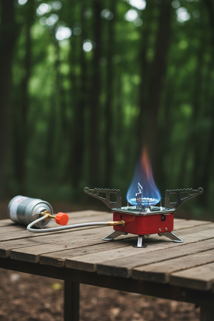 Mini folding gas camping stove burning with blue flame - flexible hose connected to silver gas canister, forest background