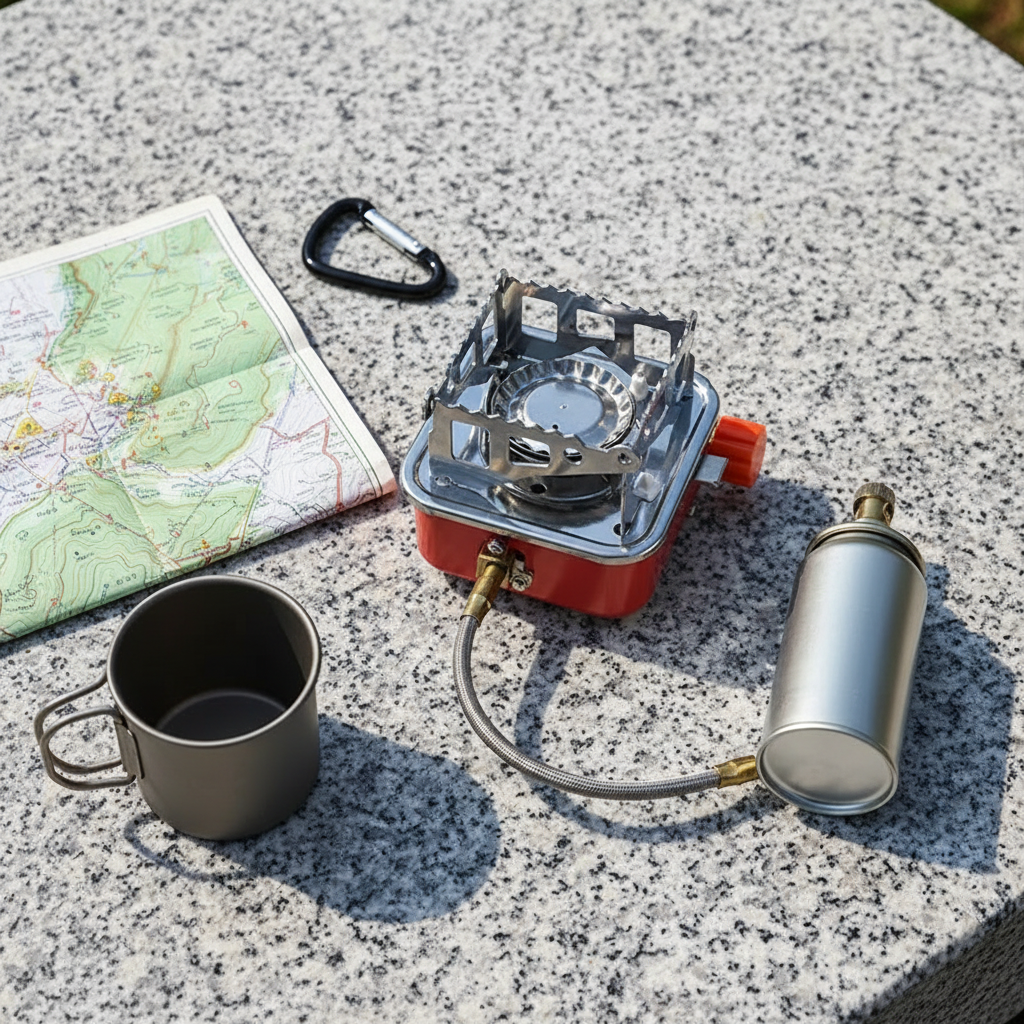 Mini folding gas camping stove flat lay on granite rock - red square body with silver X-shaped folding arms, hose, gas canister, titanium mug and map