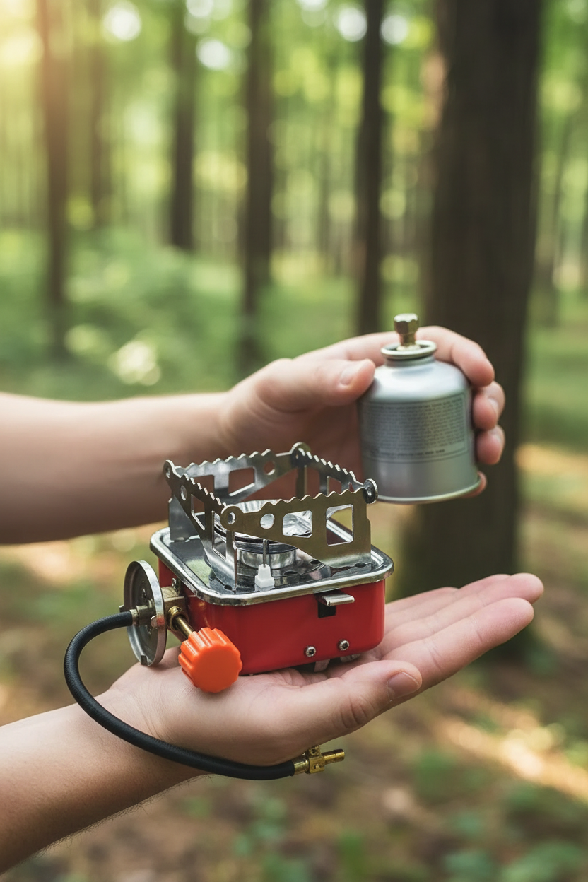 Ultra-compact mini folding gas camping stove held in one palm showing 9.5cm size, with small silver gas canister in other hand