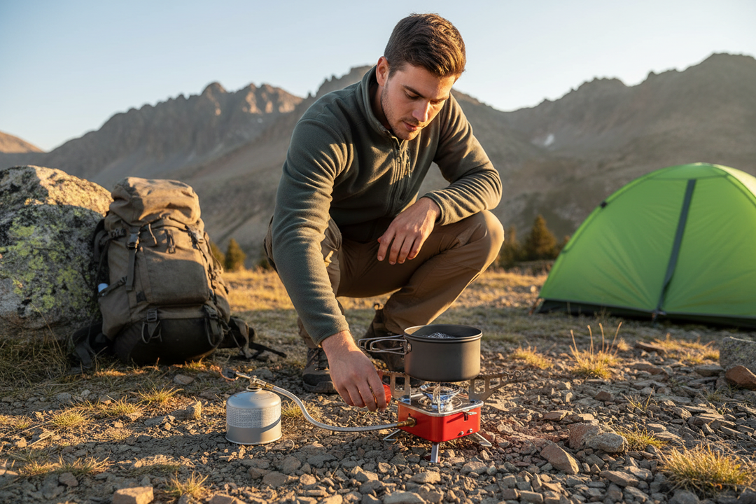 Mini folding gas camping stove - man adjusting orange knob at mountain campsite, hose connected to gas canister placed safely away from flame