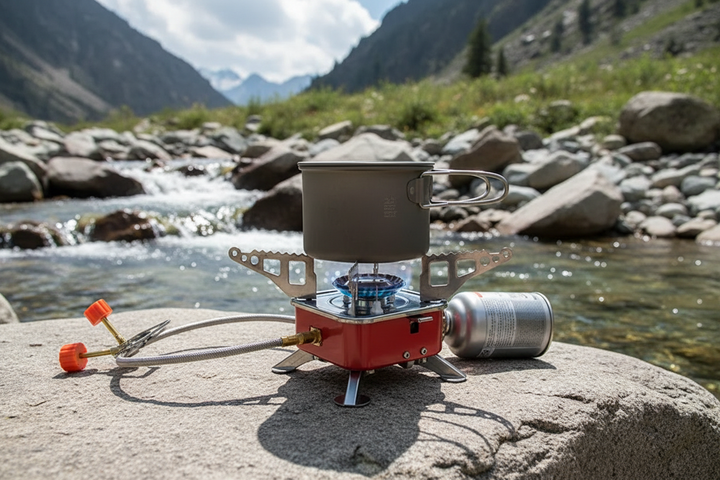 Mini folding gas camping stove on mountain rock with blue flame burning - flexible hose connected to silver gas canister at safe distance, titanium pot on burner