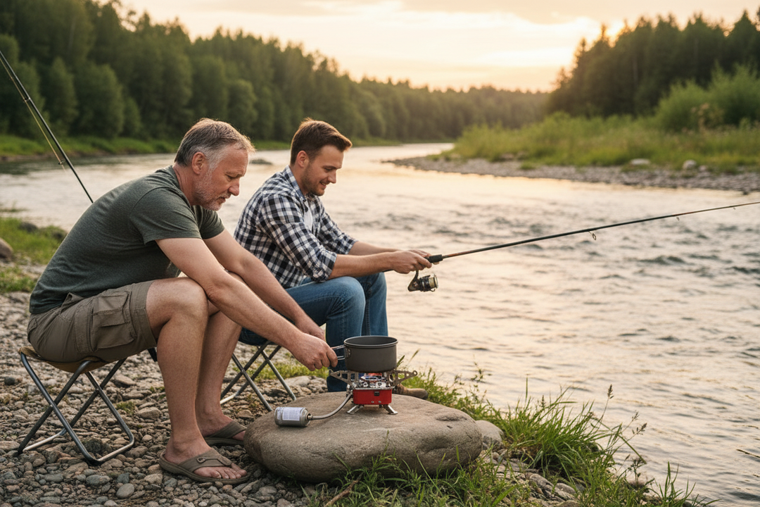 Mini folding gas camping stove in use at riverside fishing campsite - two men cooking, gas canister connected via hose at safe distance from flame